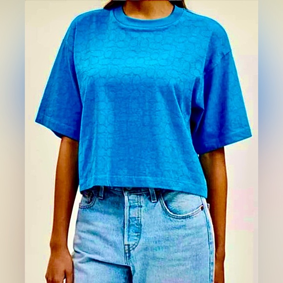 Coach NWT Kissing C’s Bright Blue Cropped Top RP $178 Oversized M, Pit2Pit 23” - Picture 1 of 10